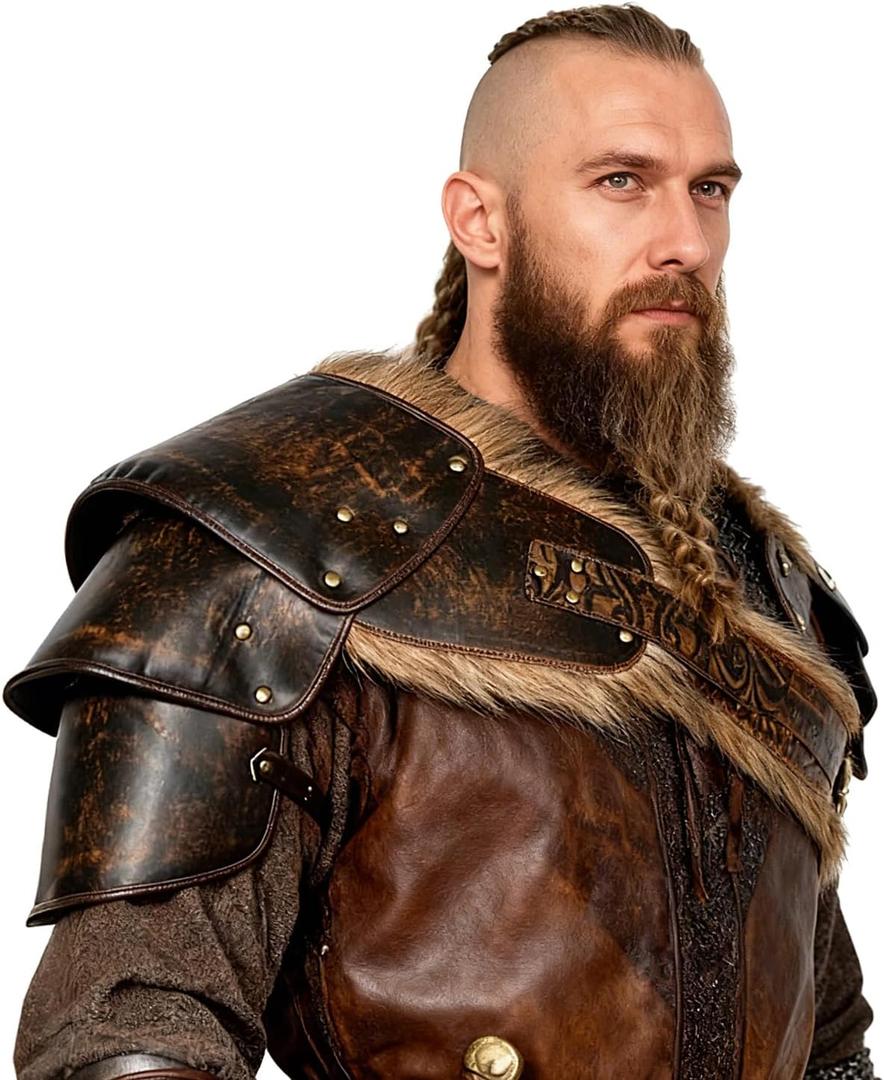 L'VOW Medieval Leather Pauldron Single Shoulder Armor Viking Accessories for Men Ren Faire LARP Cosplay, Brown