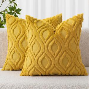 MIULEE Mustard Yellow Fall Throw Pillow Covers 18x18 Inch, Soft Plush Faux Wool Solid Couch Pillows Set of 2, Decorative Farmhouse Boho Cushion Covers for Sofa Living Room Bed Home Decor