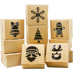 ZMCINER 24 Pieces Christmas Cookie Boxes Christmas Bakery Box with Window for Pastries, Cupcakes, Brownies, Cookies,Donuts, Brown Kraft Bakery Boxes 4"x 4"x 2.5"
