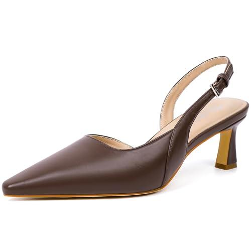 Mostrin Brown Kitten Slingback Heels for Women Low Pointed Closed Toe Heels Women's Pumps Shoes Dressy for Office Work Party, Size 9