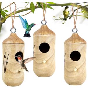 Hummingbird House for Outside Hanging,Wooden Humming Bird Nest 3 Pcs with Hemp Ropes (MI3723)