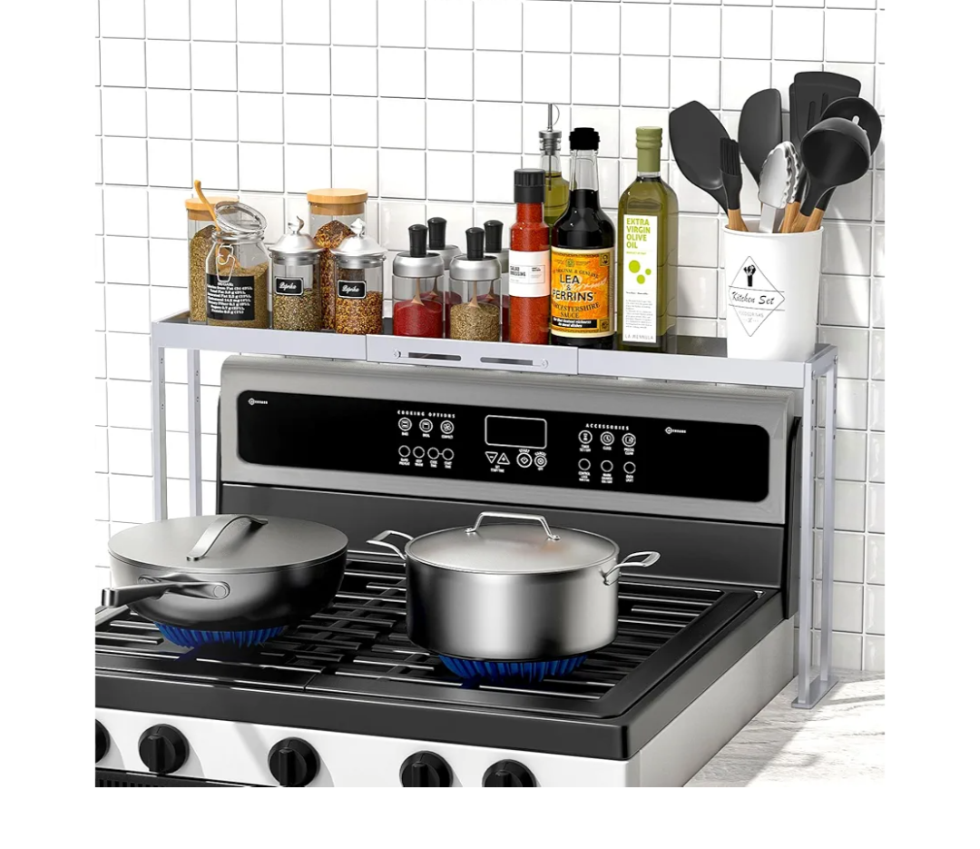 ZDDLOINP Stove Top Shelf,Adjustable 27 to 33 Inch Over the Stove Shelf for Back of Stove Spice Rack for Countertop,4 Level Height Spice Rack Organizer Seasoning Organizer for Kitchen Stove,Silver