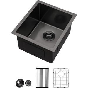 Lordear Black Undermount Bar Sink 13 x15 x 9 Inch Bar Prep Sinks Gunmetal Black Stainless Steel Handmade Kitchen Sink Basin
