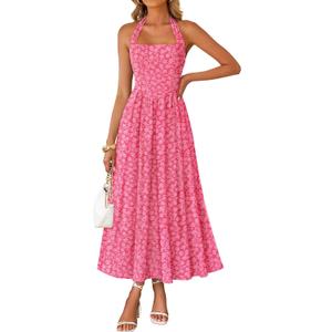 ZESICA Women's Summer Sleeveless Floral Wedding Guest Maxi Dress | Halter Neck, Flowy A Line, High Waist, Long Dress, Cocktail Party, Beach Vacation, Graduation, Bridal Shower, 2026 Fanshion