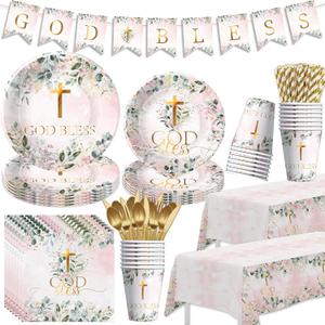 God Bless Baptism Party Decorations Supplies Girl, First Communion Decorations for Christening Celebration Baby Shower Religious, Plates and Napkins, Cup, Tablecloth, Banner, Cutlery, Serves 24