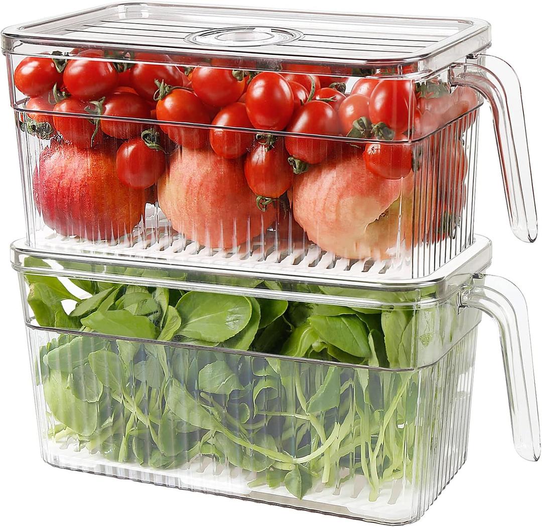 2 Pack Plastic Food Storage Produce Containers for Fridge, Stackable Lettuce Keeper for Refrigerator with Removable Drain Tray Keep Fresh for Vegetables/Fruit/Berry/Salad - 10'' x 5.3'' x 5.2''