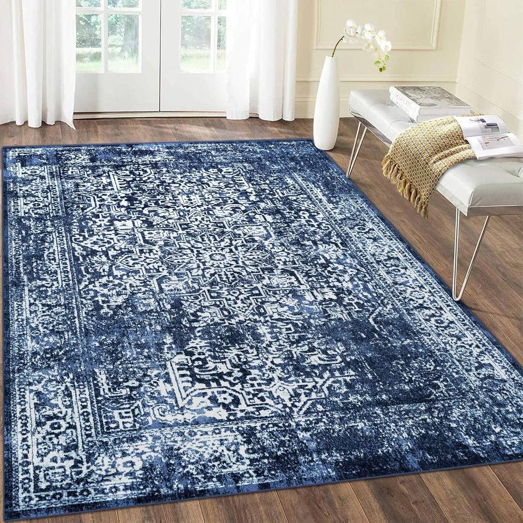 vivorug 3x5 Area Rugs, Stain Resistant Washable Rug for Living Room, Vintage-Inspired (Navy Blue, 3'x5')