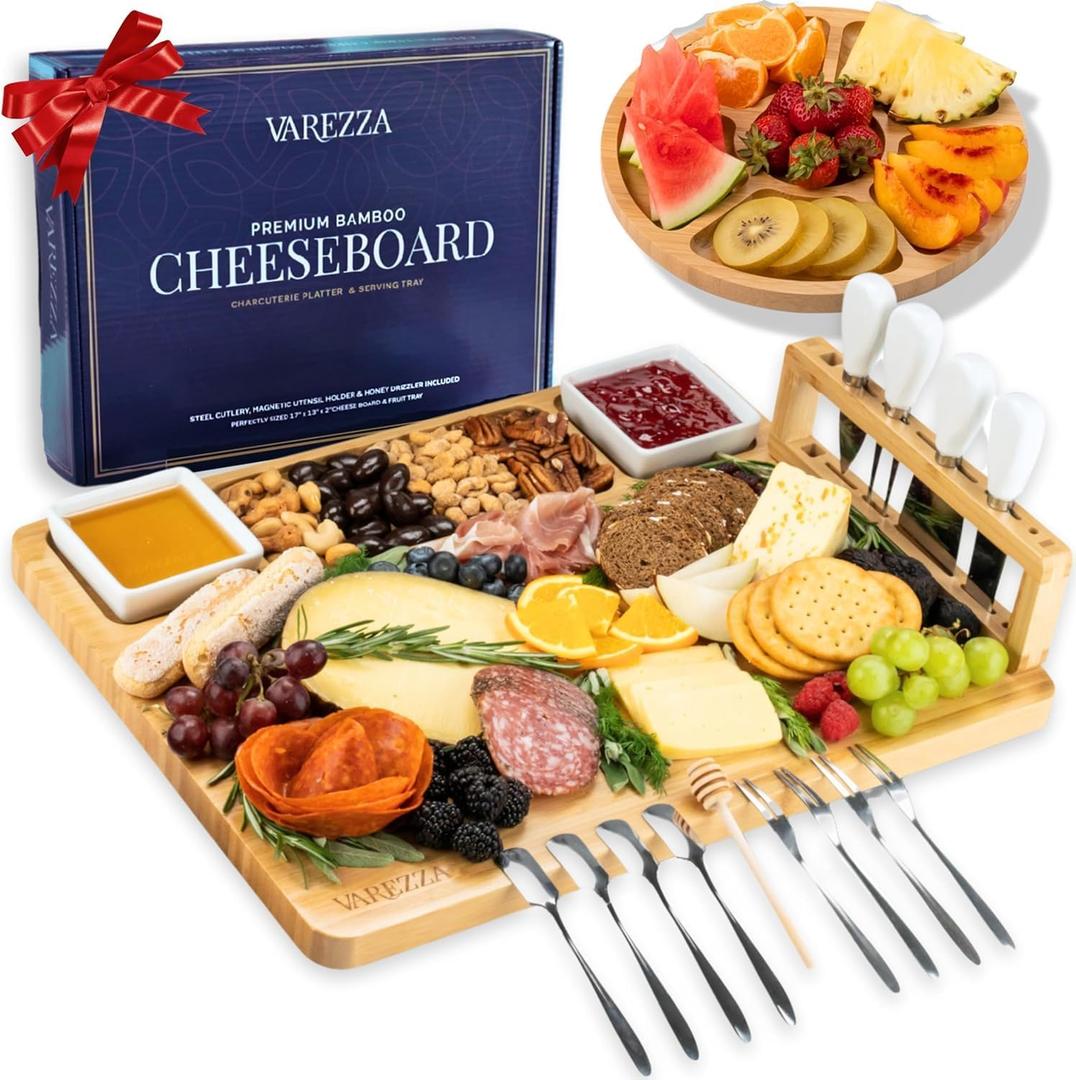 Large Charcuterie Boards Set: Bamboo Cheese Board and Knife Set- Unique for Mom 10 Entertaining Accessories, Wedding Gifts for Couple, House Warming New Home , Magentic Holder Cheeseboard