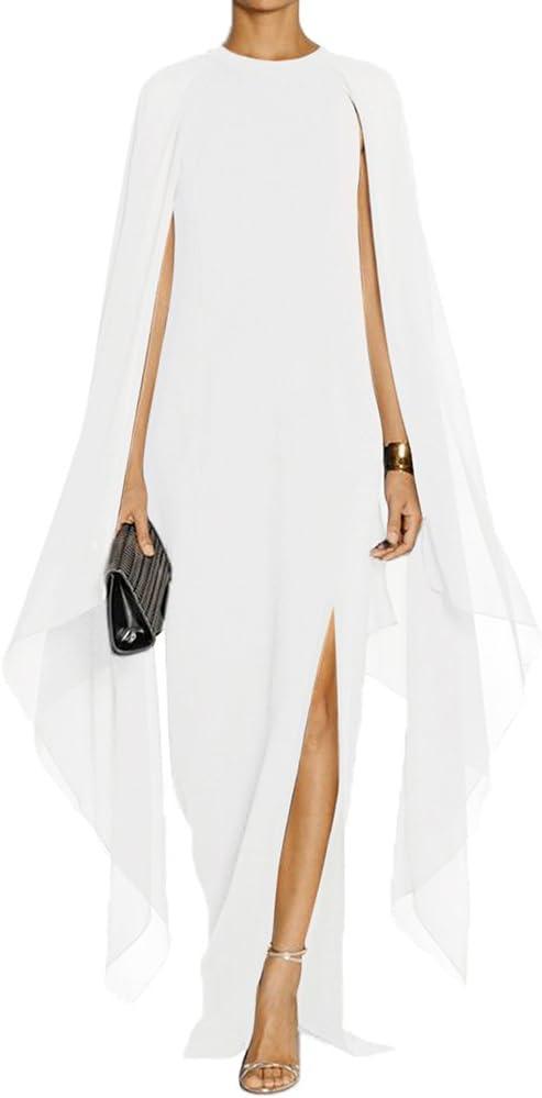 MAYFASEY Women's Elegant High Split Flare Sleeve Formal Evening Gowns Maxi Dress with Cape (White, M)