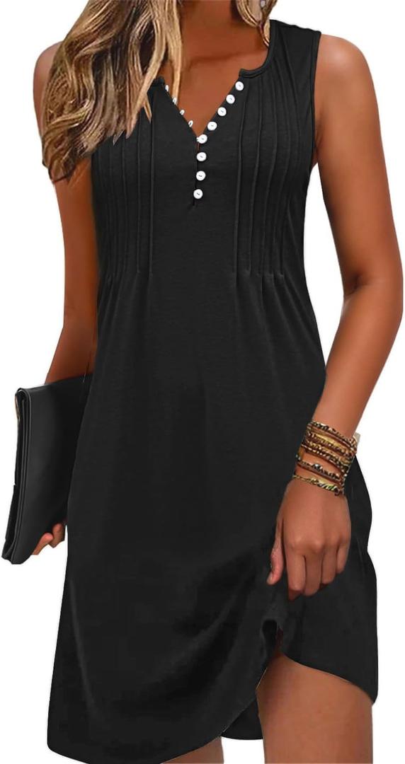 Disamer Beach Dresses for Women 2025 Vacation Swim Cover up V-Neck Summer Dress Button Down Sleeveless Boho Floral Sundress (Small, Pure Black)
