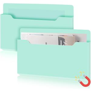 Feifeiya 2 Pcs Magnetic File Folder Wall Hanging Holder Large Pocket Paper Magazine Mail Organizer for Refrigerator Classroom Locker Whiteboard(Horizontal,Mint Green,13.8 x 8.3 Inches)