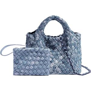Woven Tote Bag for Women with Coin Purse, Foldable Chain Small Crossbody Handbags,, Hobo Satchel (Denim Deep Blue)