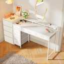 Huuger Gaming Desk with 6 Drawers, Computer Desk with LED Lights Power Outlets and Type-C, 47 Inch Office Table with Storage, Monitor Stand, Writing & Work Home Office, Bedroom, Study, White