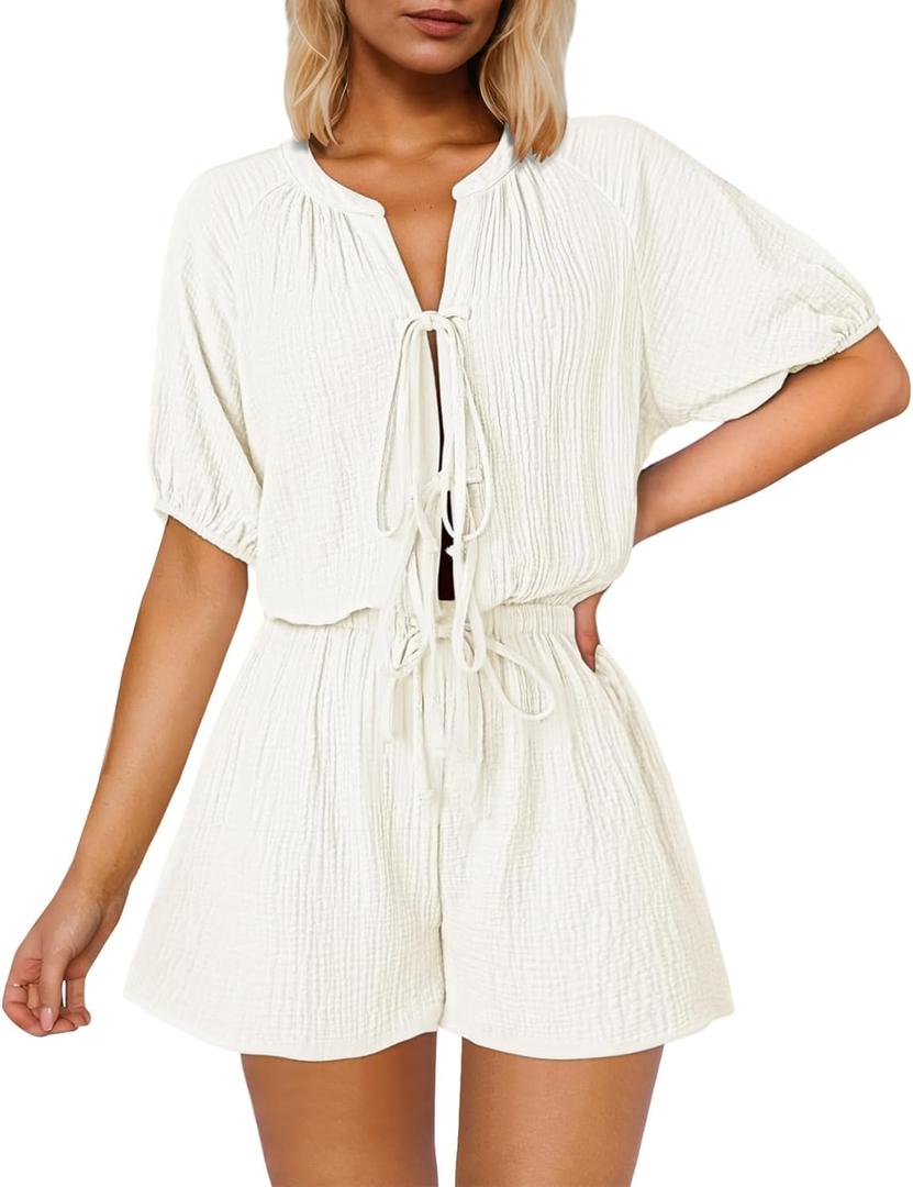 Fixmatti Women Summer Romper - Self Tie V Neck Casual Jumpsuit (Medium, Light White)