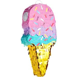 BLUE PANDA Ice Cream Pinata for Birthday Party Decoration & Ice Cream Party Favors - Small Cardboard, 16.4 x 7.6 x 2.9 In, Pink, Blue & Yellow