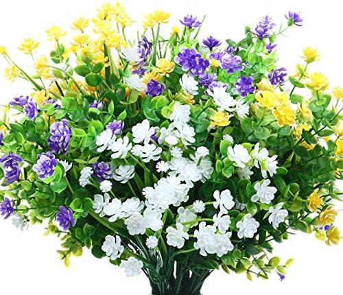 WILLBOND 12 Bundles Artificial Flowers Outdoor, UV Resistant Faux Artificial Plants Shrubs Plastic Flower Bulk for Hanging Planter Porch Window Home Spring Summer Decor(Yellow, Purple, White)