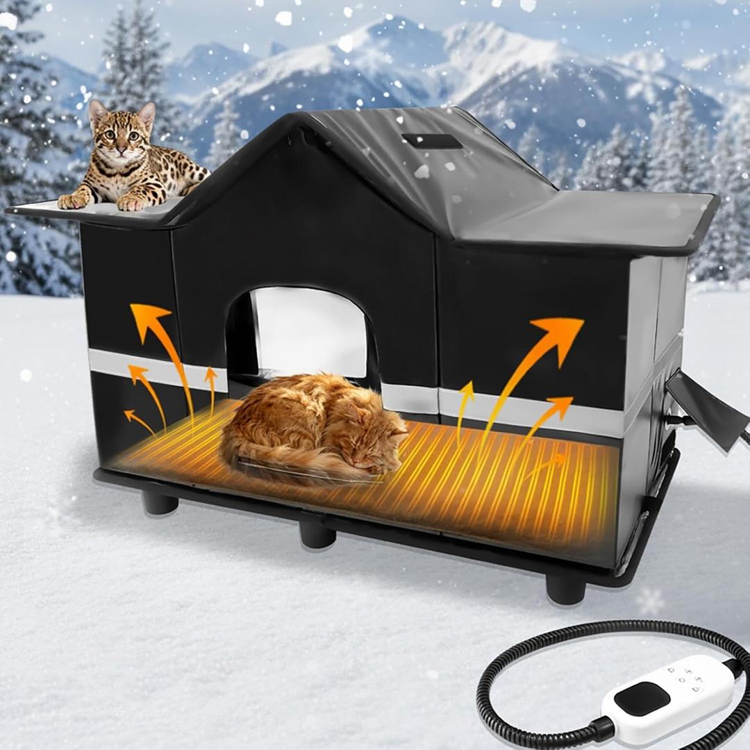 Heated Outdoor Cat House for Winter, All-Weather Waterproof Outdoor Cat Shelter with Adjustable Heated Pad & Elevated Base, Easy Setup, Mesh-Embedded Polyester for Stray & Feral Cats (24"x13"x17") (Black)