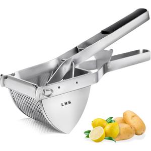 LHS Stainless Steel Potato Ricer and Masher, Heavy Duty Commercial Food Masher, Ergonomic Comfort Grip, Extra Large Capacity, Dishwasher Safe (Black)