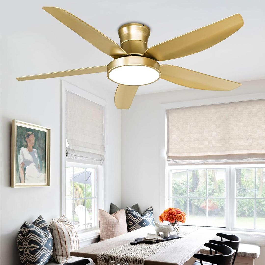 52" Gold Ceiling Fans with Lights Remote, Champagne Ceiling Fan with 5 ABS Fan Blades and LED Kit, Modern Flush Mount Low Profile Chandelier for Patio/Bedroom/Living Room 52" Gold Ceiling Fans with Lights Remote, Champagne Ceiling Fan with 5 ABS Fan Blades and LED Kit, Modern Flush Mount Low Profile Chandelier for Patio/Bedroom/Living Room