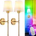 Depuley Battery Operated Wall Sconce: Set of 2 Wireless Wall Lights with 10000mAh Dimmable Bulbs and Remote for Bedroom - Rechargeable 15 Colors Gold Wall Lamp for Living Room Hallway