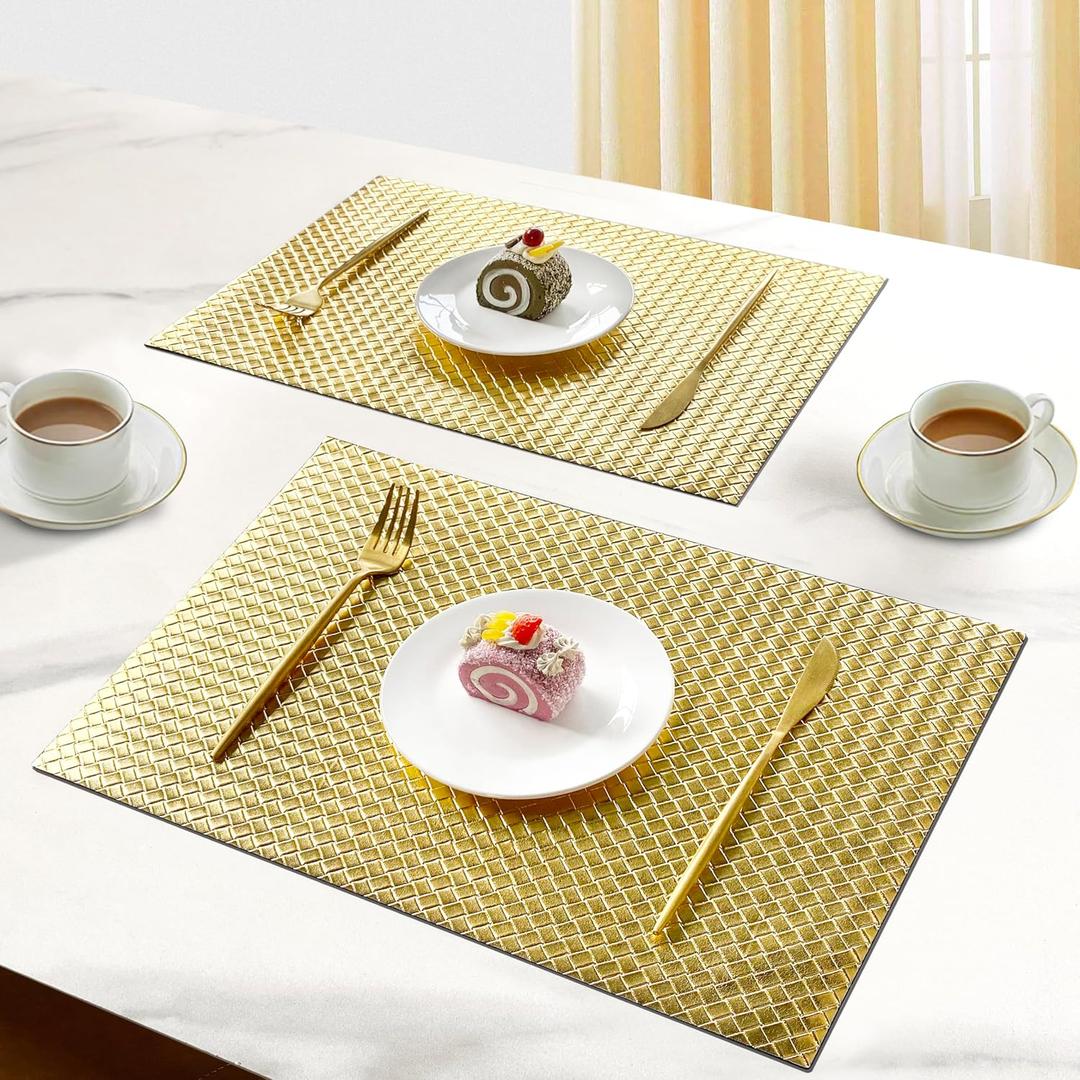 Double-Sided Reversible Placemats Set of 4, Heat Stain Non-Slip Waterproof Oil-Proof Washable Wipeable Woven Table Mats Outdoor Indoor for Dining Patio Table Kitchen Decor (Gold)