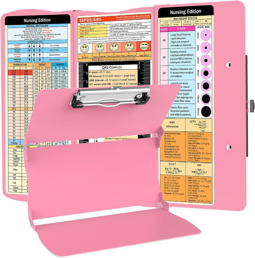 Nursing Clipboard Foldable Nurse Clipboard: Medical Folding Clip board with Nursing Edition Cheat Sheets Pocket Size Foldable Clipboards for Nurses Trifold Clinical Clip boards for Student Doctor Pink