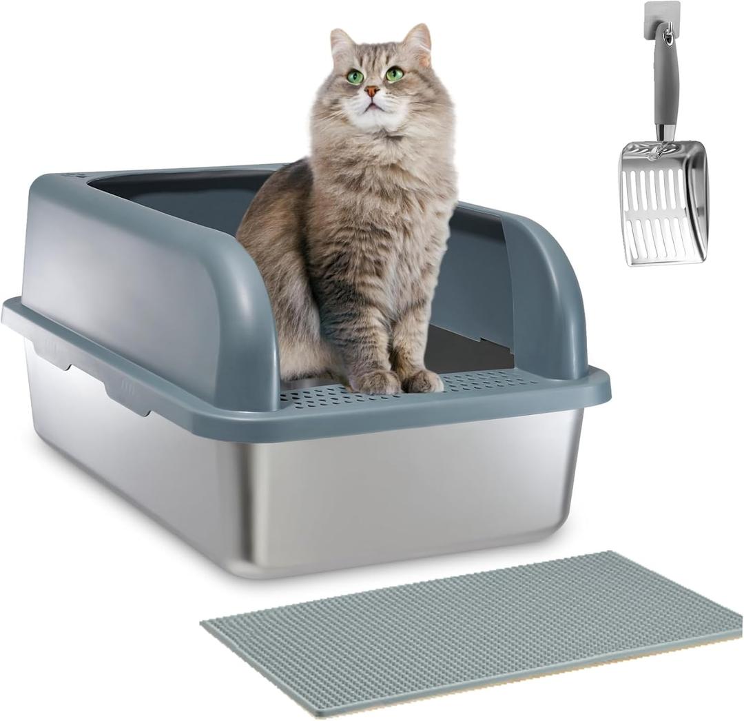 Enclosed Stainless Steel Cat Litter Box, XXL Extra Large for Big Cats, High Sided, Easy Cleaning, Includes Litter Scoop and Cat Mat