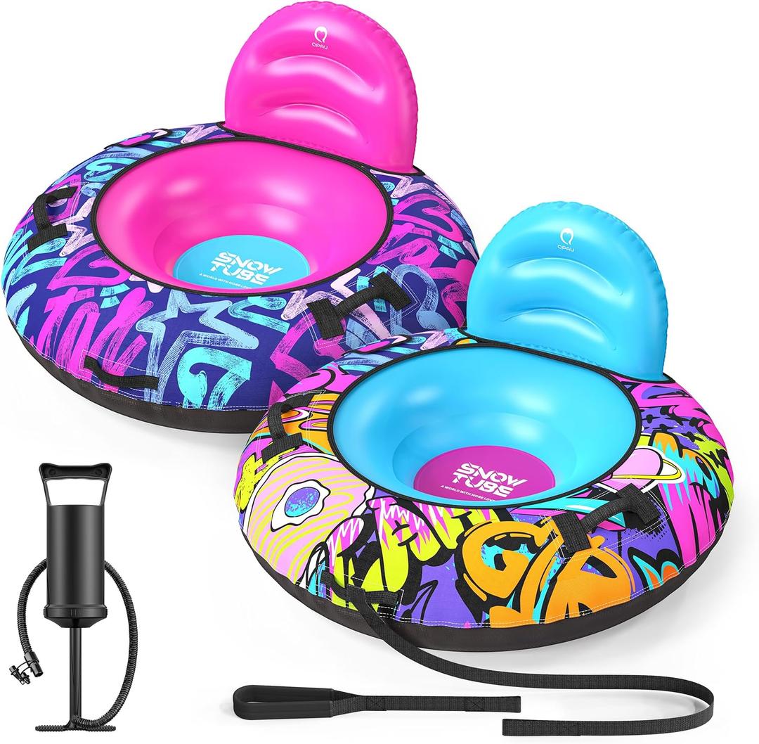 QPAU 44 Snow Tube with Backrest, 2 Pack  Heavy Duty Inflatable Sled 500 lbs Capacity with Cover, Handles & Tow Rope, Snow Tubing Sleds for Kids & Teens, Portable Air Sled with Fast Valve