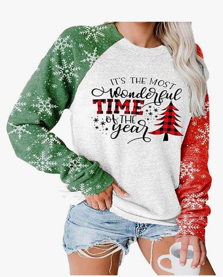 TAOHONG Merry Christmas Sweartshirt for Women Xmas Buffalo Plaid Tree Tops Color Block Snowflake Print Long Sleeve Shirt XL