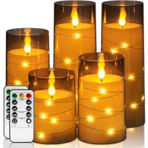 Homemory Flameless Candles with Embedded Star String Fairy Lights, Battery Operated Candles, LED Candle, Fake Candles with Remote Control and Timer for Halloween, Gray Acrylic, Set of 5(H4"5"6"8"8")