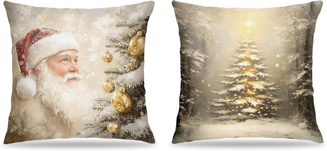 Vintage Christmas Tree Santa Pillow Covers 18x18 Set of 2, Nostalgic Christmas Decor, Rustic Neutral Holiday Winter Xmas Decorative Pillow Covers for Home Living Room Bedroom