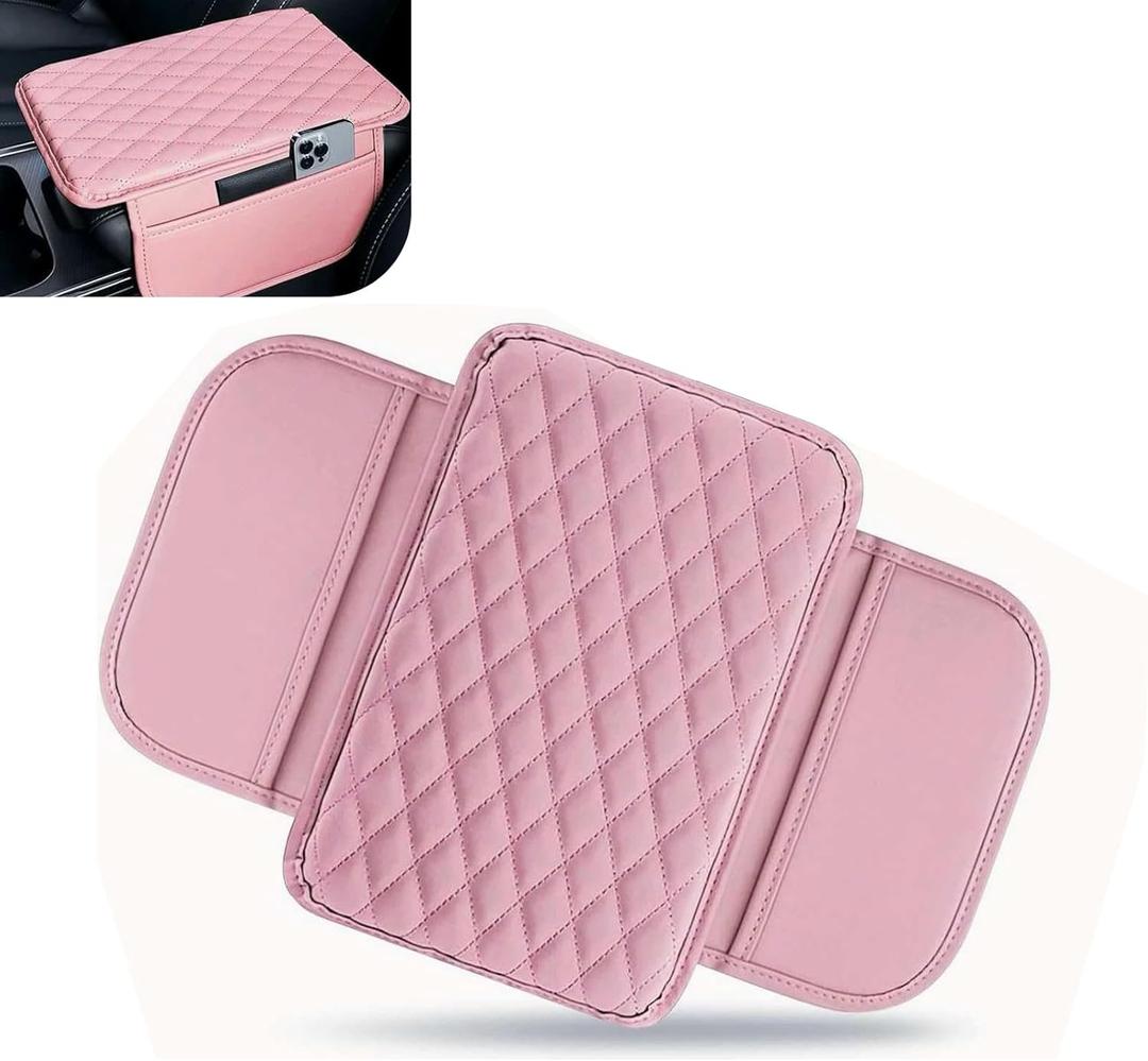 Car Center Console Cover, Waterproof Leather Car Armrest Cover Cushion with Side Storage Pockets, Upgraded Vehicle Armrest Storage Box, Universal for SUV, Sedan, Truck (Pink)