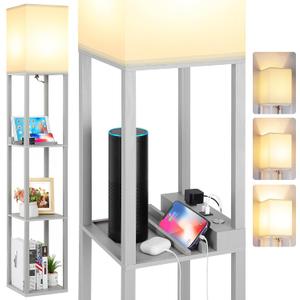 FOLKSMATE LED Shelf Floor Lamp, Modern Touch Control Dimmable Standing Lamp with 2 USB Ports and 1 Power Outlet, Corner Tall Lamps with Shelves, Wood Standing Light for Bedroom, Living Room, Grey (Gray)