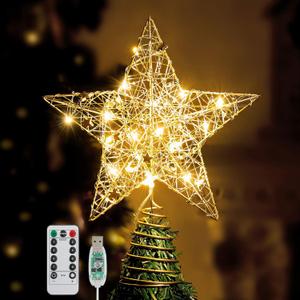 Christmas Star Tree Topper with 8 Lighting Modes, USB Lighted Tree Topper with 20 LED Lights, Shiny Treetop Christmas Tree Decoration for Indoor Outdoor Holiday Home Ornament Gift, 9.8 Inch(H)