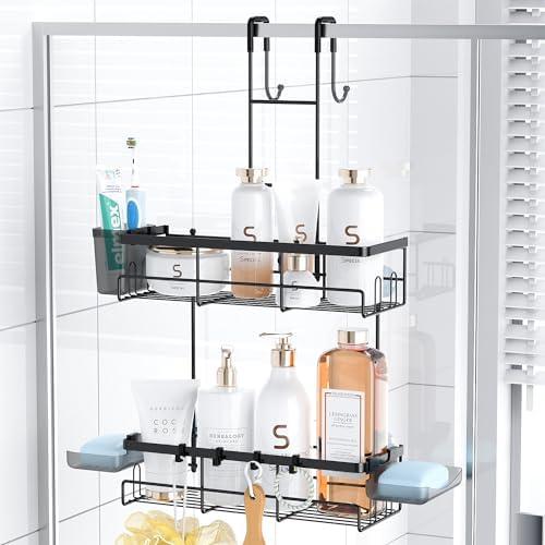 Aitatty Over the Door Shower Caddy Hanging: Black Rustproof Shower Organizer over the Door - No Drilling Bathroom Rack for Inside (5.3"D x 12.5"W x 24"H)