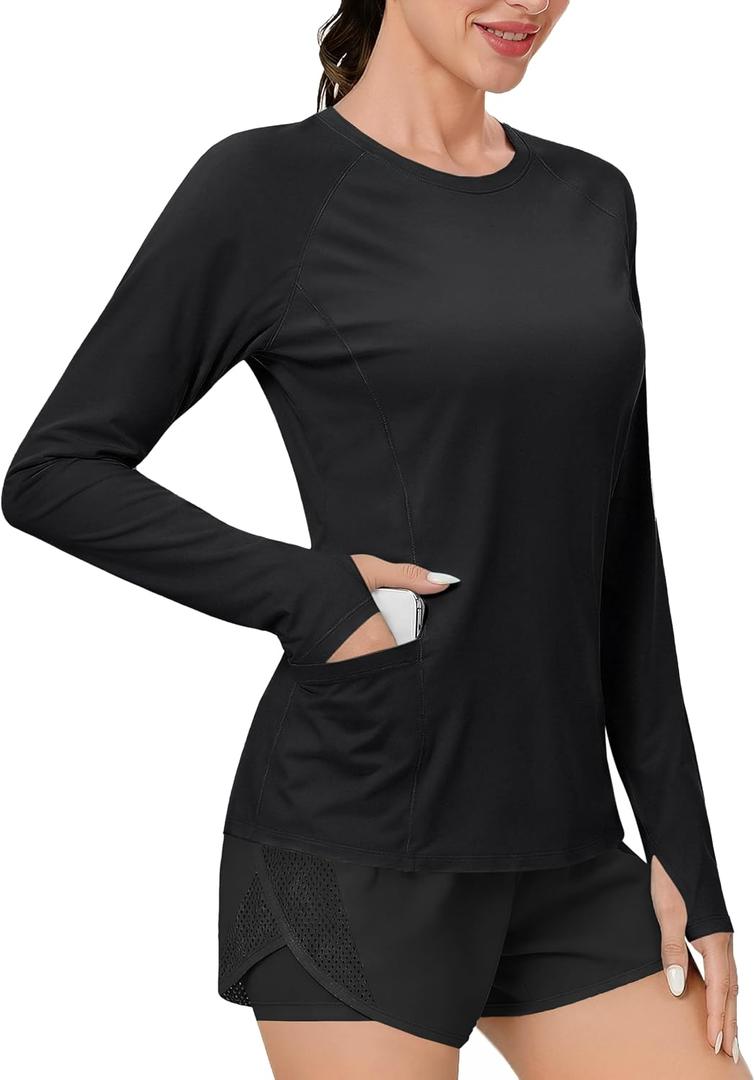 TACVASEN Sun Shirt Women Long Sleeve Athletic Yoga UPF 50+ Tops with Thumb Holes Quick Dry UV Protection Running Shirts (Black, M)