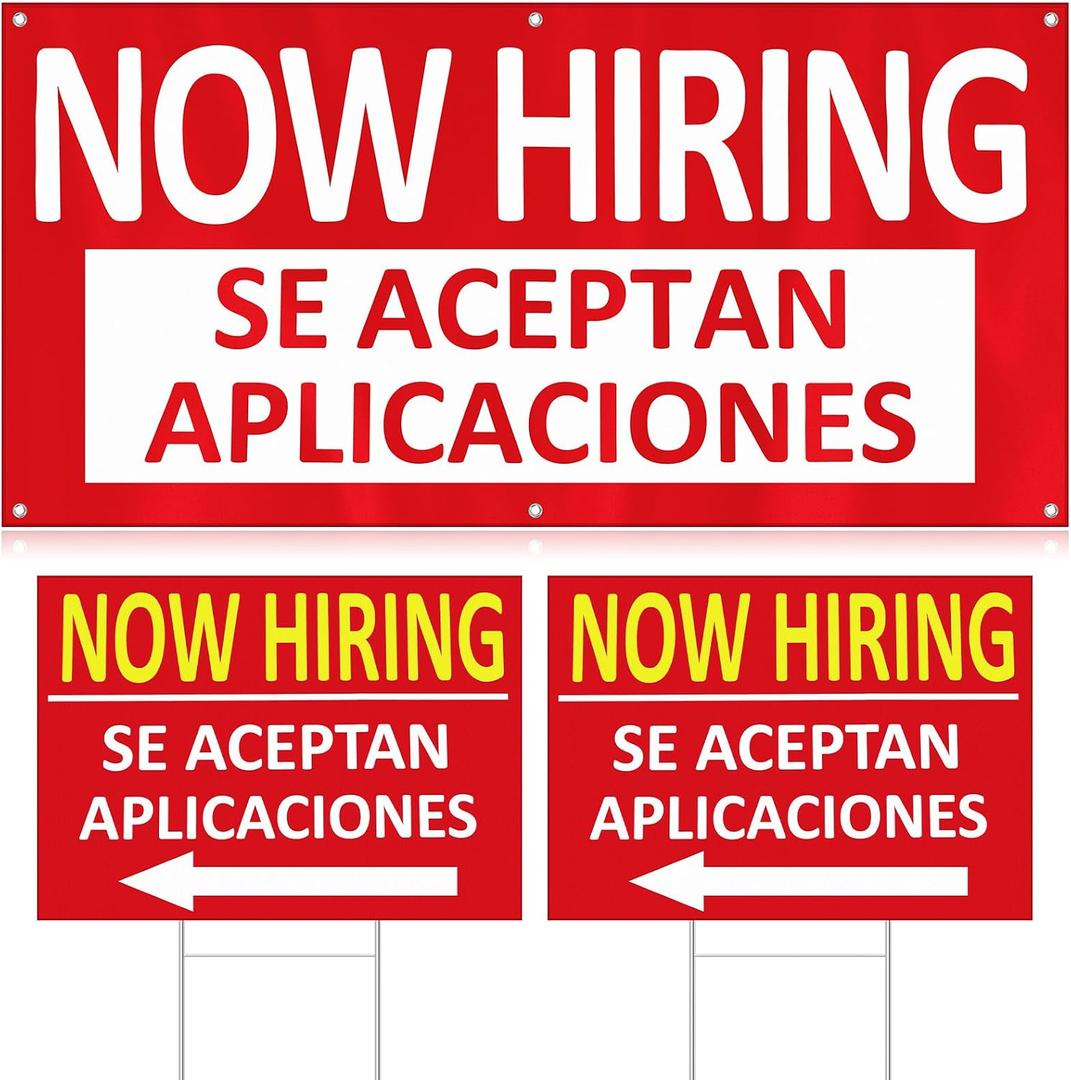 1 Pcs 2 x 4 ft Now Hiring Banner and 2 Pcs 18 x 24 Inch Now Hiring Yard Sign with Stakes Se Aceptan Aplicaciones English and Spanish Bilingual Signage Outdoor Indoor for Business and Stores