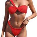 ZAFUL Women's One Shoulder Bikini Twisted Ruched High Cut Bandeau Bikini Set Two Piece Swimsuit (Medium, 3-red)