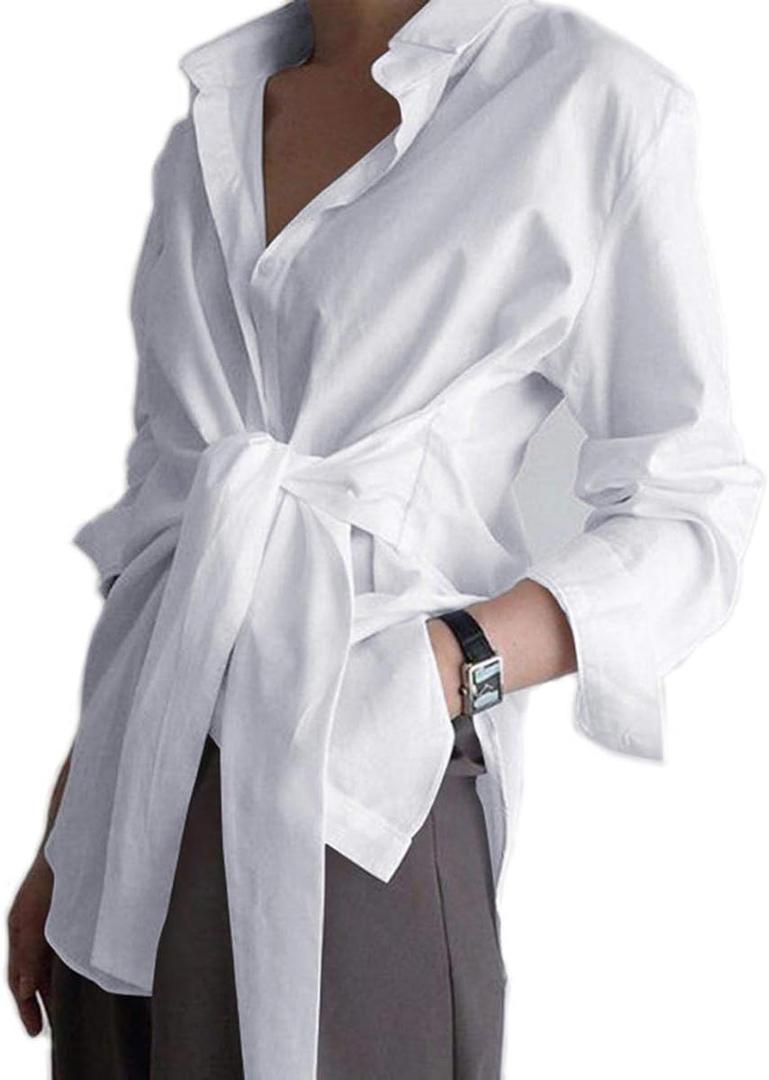 KUFV Women's Long Sleeve Button Down Shirts Tie Waist Casual Loose Blouses Tops (X-Large, White)