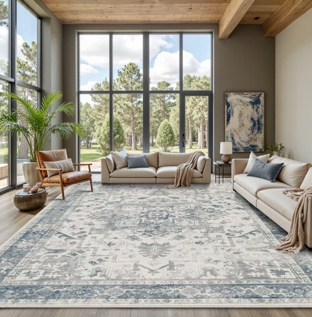 Rugxara 9x12 Extra Large Washable Area Rug, Soft Neutral Vintage Boho Rug for Living Room, Bedroom, Office, Farmhouse, Low Pile Imitation Wool Non Slip Carpet Ideal for High-Traffic Areas, Blue Grey
