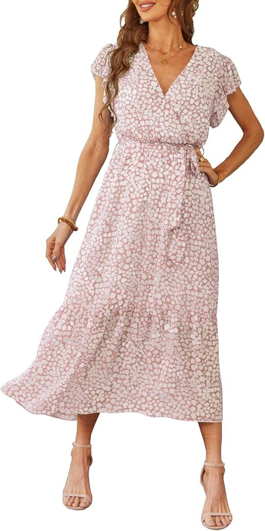PRETTYGARDEN Women's Summer Floral Boho Maxi Dress Short Sleeve Wrap V Neck Ruffle Long Flowy Beach Wedding Guest Dresses, L
