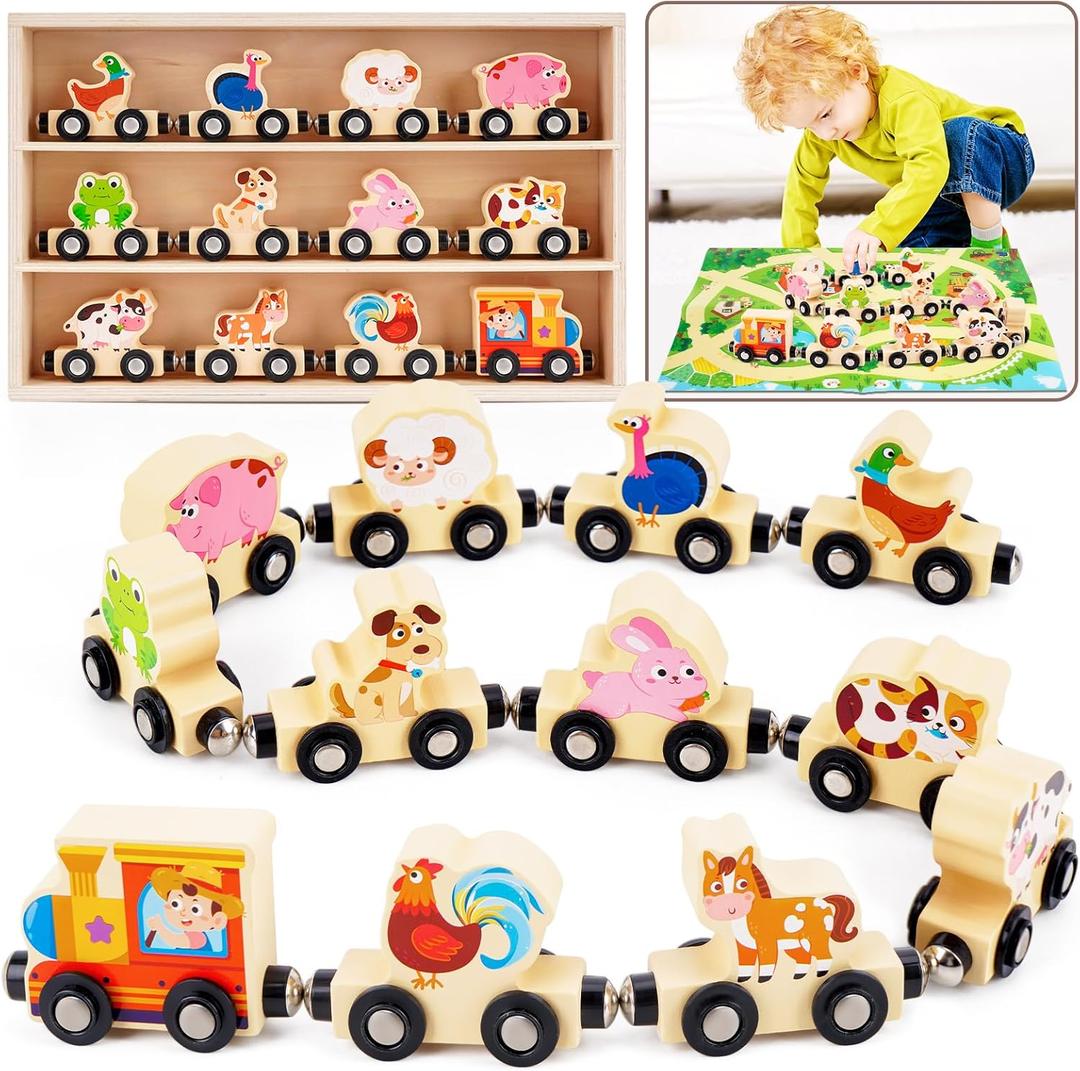 Montessori Wooden Train Toy for 1 2 3 Years Old Toddlers | 12 Magnetic Animals Train Kids Box, STEM Educational Toy with Game Map | 1st 2nd Birthday for Boys Girls