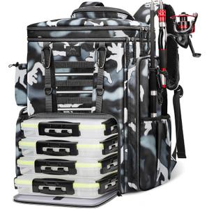 MATEIN Fishing Backpack with Tackle Boxes 3700, Extra Large Tackle Backpack with Rod Holders & 4 Trays & Rain Cover (Camouflage)