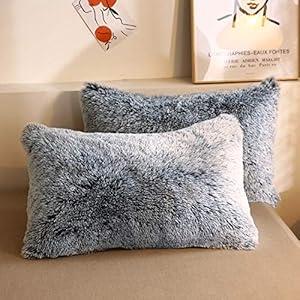 XeGe Faux Fur Throw Pillow Cases, Plush Shaggy Ultra Soft Pillow Covers, Fluffy Crystal Velvet Decorative Pillowcases, Furry Fuzzy Pillow Shams Zipper Closure, Set of 2(Standard, Gray Ombre)