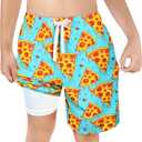 LUCOWEE Boys Swim Trunks Zipper Pockets Compression Liner Anti Chafe Swimsuit Bathing Beach Shorts Surf Quick Dry UPF 50+ (14-16, Vivid Pizza)