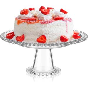 Wenqik 12 Inch Beaded Glass Cake Stand Vintage Clear Cake Stand Cakes Serving Platters Footed Dessert Plate Display Desserts Holder Fruit Serving Tray Display Accessories for Wedding Party Supplies