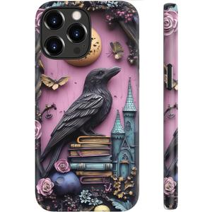 for iPhone 14 Pro Case Cute Wireless Charging Compatible Dual-Layer Shockproof Protection with Stylish Wildflower Design Protective Cover for Women - Gothic Raven Purple Floral
