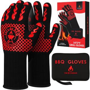 BBQ Grill & Oven Gloves 1472F Heat Resistant  Fireproof, Non-Slip Silicone Mitts for Grilling, Smoking & Baking  Extra-Long Protection  Includes Storage Case & Luxury Gift Box | Pro Series (Red)