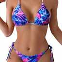 Tainehs Women's Sexy Halter Thong Bikini Tie Two Sides Bottom Triangle Bikini Swimsuits M, Pink Flower