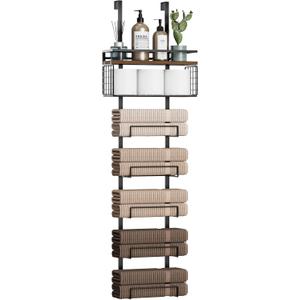 Towel Racks for Bathroom Over The Door Towel Racks Towel Storage Organizer with Metal Shelf Basket for Bathroom Rv Camper (7-Tier Black with Brown Plank)